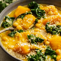 Angled view of a bowl of our 1-Pot Kabocha Chickpea Miso Soup