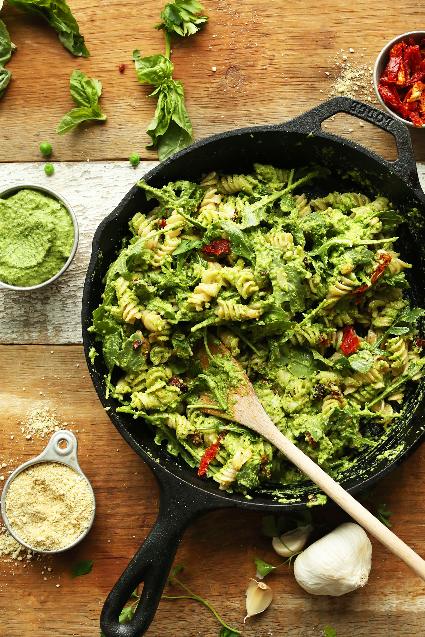Cast-iron skillet filled with our gluten-free vegan Pea Pesto Pasta