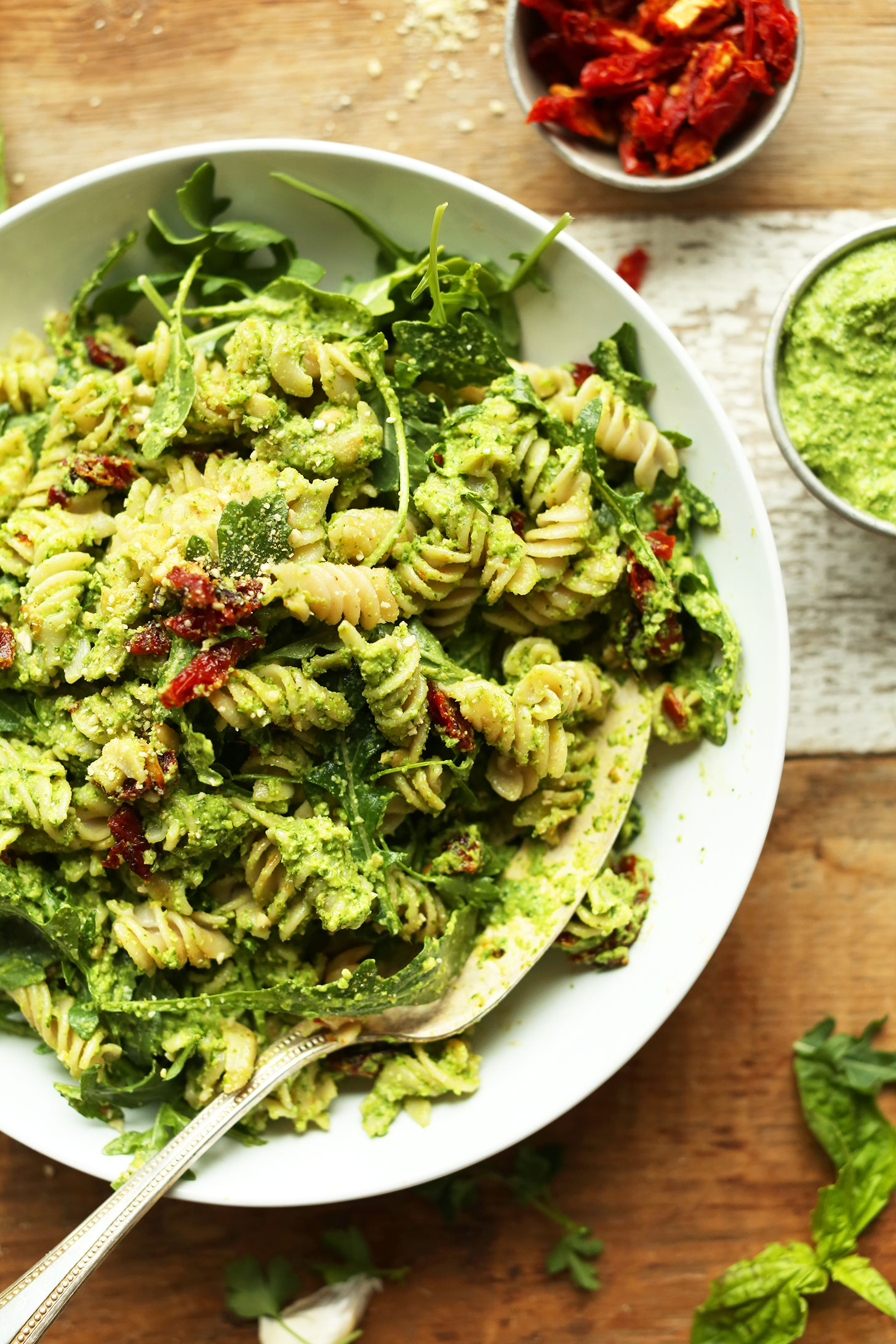 Big bowl of Pea Pesto Pasta for a gluten-free vegan comfort food meal