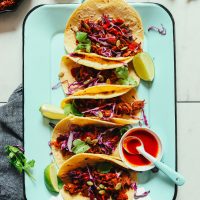 Platter filled with our Easy Jackfruit Tacos recipe for a delicious plant-based meal