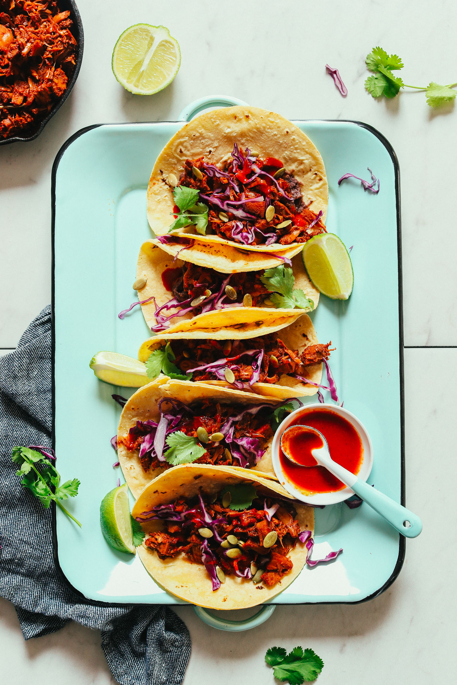 Platter filled with our Easy Jackfruit Tacos recipe for a delicious plant-based meal