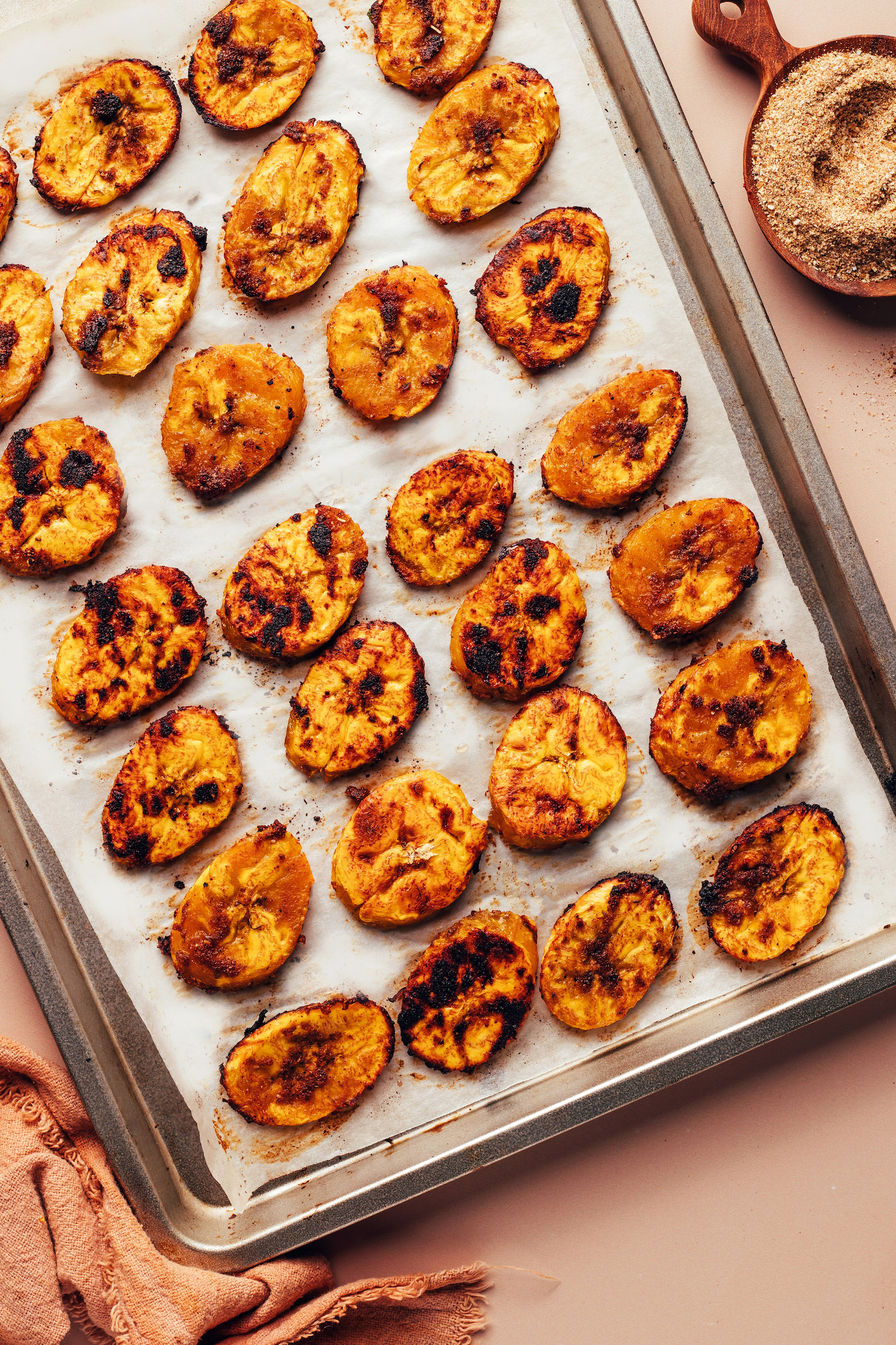 Baking sheet of roasted jerk plantains