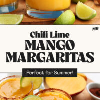 Two photos of our Chili Lime Mango Margaritas with text in between that says perfect for summer