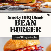 Photos of our Smoky Black Bean Burgers with text in between the photos that says just 10 ingredients