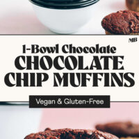 Bowl piled high with our vegan gluten-free chocolate chocolate chip muffins