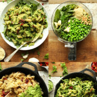 Photos of the process of making our vegan gluten-free pea pesto pasta