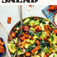 Overhead photo of a bowl of our sweet potato chickpea taco salad with text above that says plant-based and 30 minutes