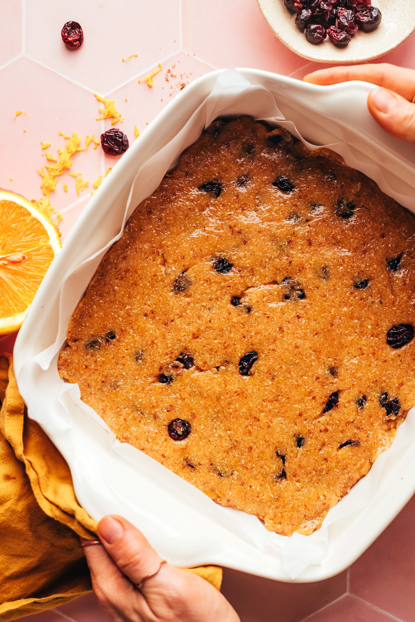 Baking pan of cookie bar dough before going in the oven