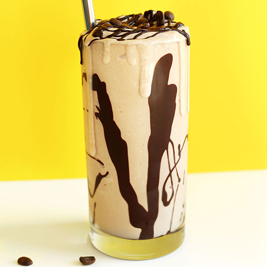 Overflowing glass of our Vegan Mocha Shake recipe